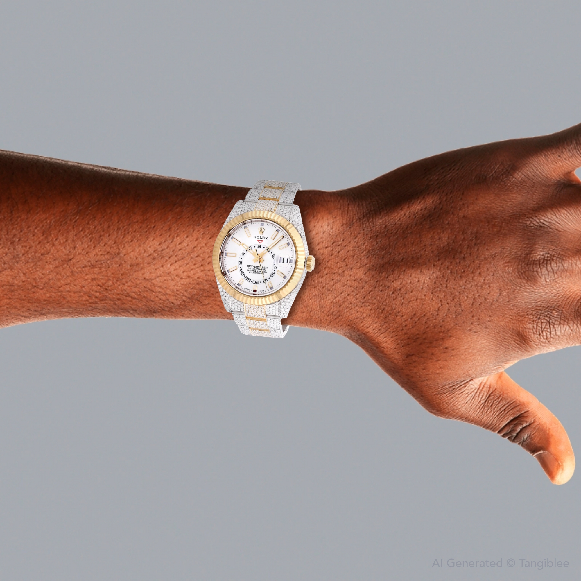 Men's Two-Tone Diamond Watch Iced Out Rolex Sky Dweller 41mm White