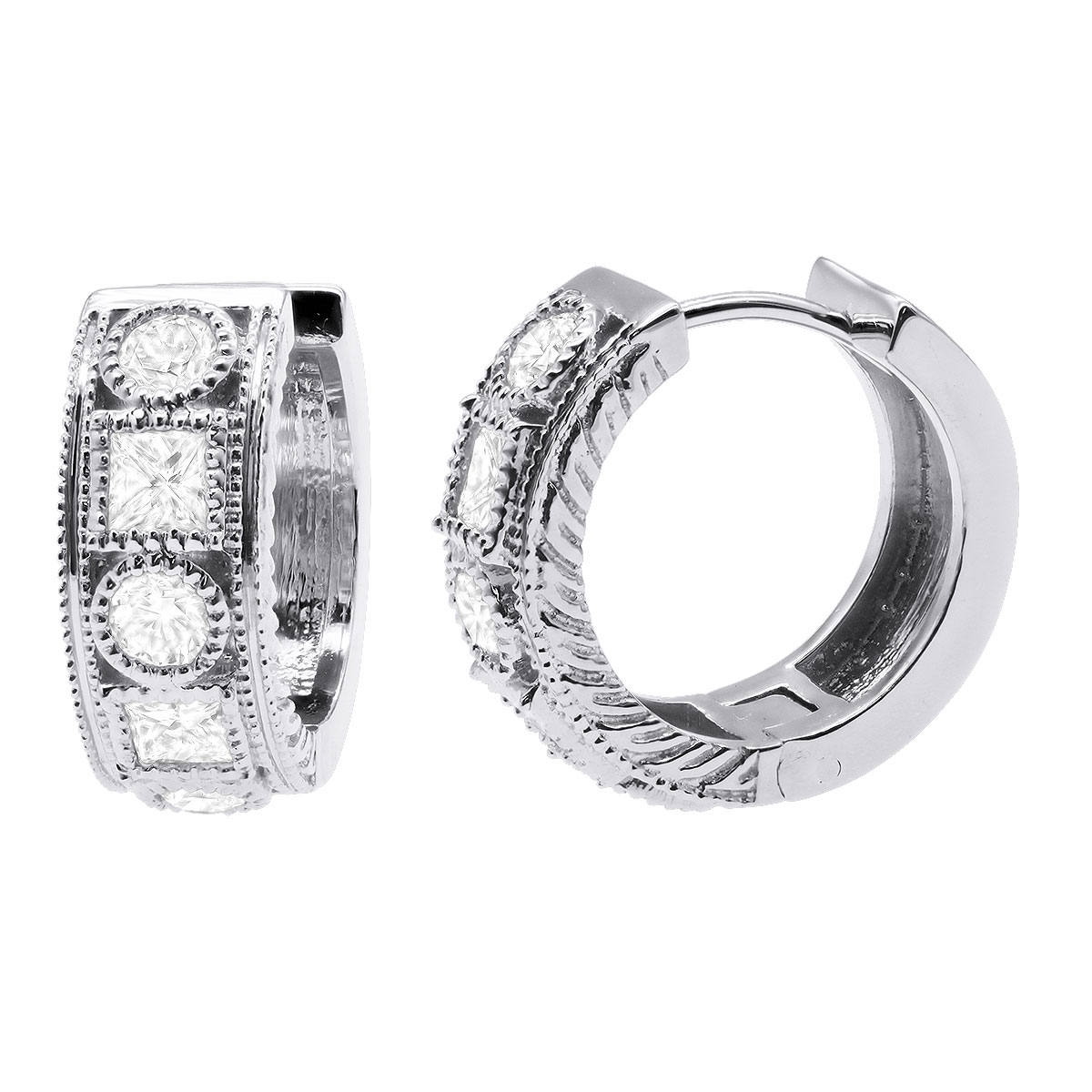 Item Code: 000727WH, Approx. Weight: 12.5 g, Warranty: 12 months, Metal: 14K Yellow Gold, Width: 1/4in (7mm), Length: 5/8in (17mm), Earring Type: Hoop, Hypoallergenic, Huggie, Earring Back: Hinged, Jewelry Shape: Circle, Carat Weight: 3 ct, Type of Gemstone: Diamond, Shape: Round, Princess, Color: G-H, Clarity: VS-SI, Stone Setting Type: Bezel.