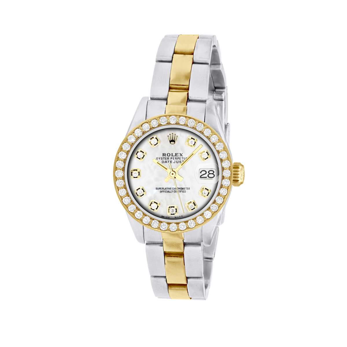 Model/Collection Name: Oyster Perpetual Datejust, Movement: Automatic, Watch Shape: Round, Case Diameter/Width: 34 mm, Bezel Material: Yellow Gold With White Diamonds Aftermarket, Dial: White Dial With White Diamonds Aftermarket, Crystal: Scratch Resistant Sapphire Crystal.