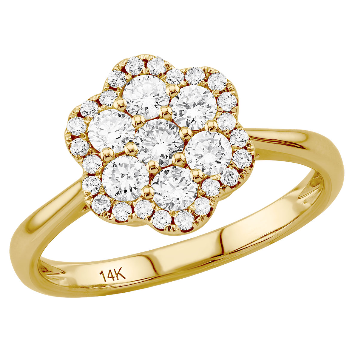 Item Code: 803305, Approx. Weight: 2.99 g, Warranty: 12 months, Ring Style: Birthstone, Floral, Metal: 14K White Gold, Bridal: Bridal, Engagement, Promise, Setting Type: Cluster, Width: 7/16in (11.1mm), Personalization: Yes, Jewelry Shape: Flower, Carat Weight: 1 ct, Type of Gemstone: Diamond, Shape: Round, Color: H, Clarity: SI, Stone Setting Type: Cluster, Pave, Prong.